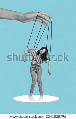 Creative photo 3d collage artwork poster of sad upset girl hanging rope under control big arm isolated on painting background Royalty-Free Stock Photo #2241828795