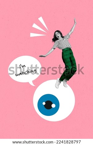 Creative photo 3d collage artwork poster picture of worried lady falling down big eye watching her isolated on painting background
