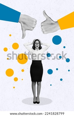 Creative photo 3d collage artwork poster picture of two big arm showing yes no symbol lady impressed choice isolated on painting background