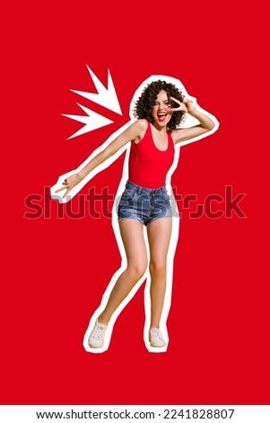 Vertical collage illustration of excited cheerful girl show v-sign dancing isolated on drawing red background