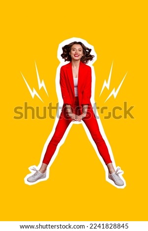 Creative photo 3d collage artwork poster postcard of positive lady wear red suit have fun rejoice discounts isolated on painting background