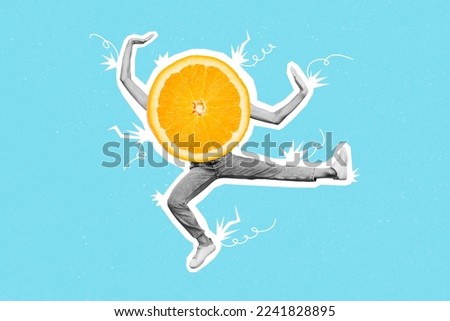 Composite collage picture of big slice orange fruit human legs arms black white colors jump fight isolated on painted background