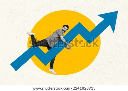 Photo collage of young funny excited man hold big blue arrow graphics growing support ukrainian economics isolated on white color background