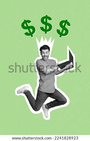 Artwork composite collage photo of young jumping positive overjoyed trader hold netbook celebrate money big profit isolated on green background