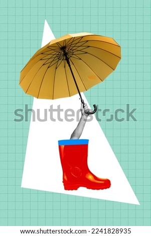 Creative photo collage of pair rubber gumshoes abstract creative hand hold water protective yellow umbrella isolated on plaid blue color background