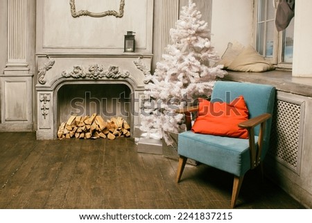 fireplace, christmas tree and armchair cozy room for relax