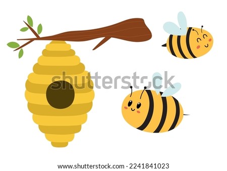 Cute honey bees characters and beehive hanging on the tree. Funny cartoon insects set. Vector illustration