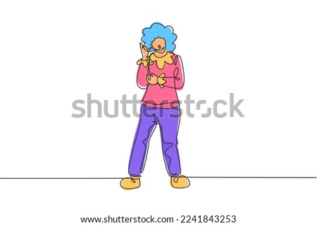 Continuous one line drawing female clown stands with call me gesture wearing wig and clown costume ready to entertain the audience in circus arena. Single line draw design vector graphic illustration