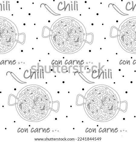 Seamless pattern of chili con carne in large pot and inscription and chili peppers on the background