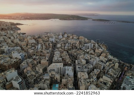 Aerial view of Bugibba, St. Paul's Bay during a sunset. Malta