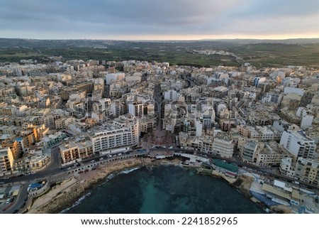 Aerial view of Bugibba Square during a sunset. Malta, St. Paul's Bay