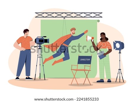 Movie production concept. Men and women in film studio, creative personalities, creativity and art. man in superman costume. Fantasy and imagination. Poster or banner. Cartoon flat vector illustration