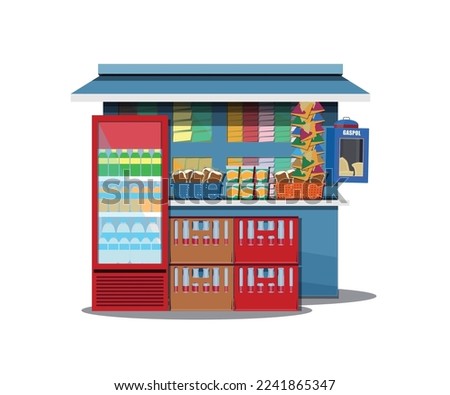 Warung Biru Pinggir Jalan -
Blue Indonesia Roadside Stall selling cigarette, soft drink, hot drinks, snacks, medicine, food - Vector isolated object on a white background with flat illustration style Royalty-Free Stock Photo #2241865347