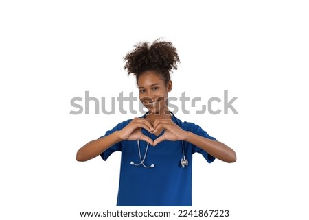 Black woman nurse makes a heart shape white her hand. health care, love concept. Isolated white background.