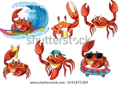 Cute crabs cartoon character set illustration