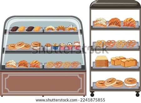 Bakery showcase with pastry products illustration