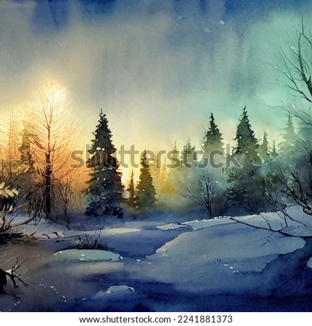Winter landscape watercolor illustration, cold snowy nature background, christmas holiday season postcard, colorful forest hand drawn wallpaper