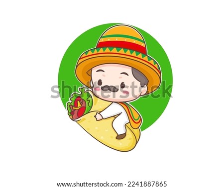 Cute Mexican chef with sombrero hat cartoon character. Burrito icon logo illustration. Mexican traditional street food. 
