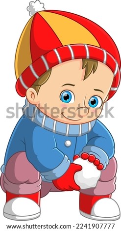 Little boy playing in winter with snow of illustration