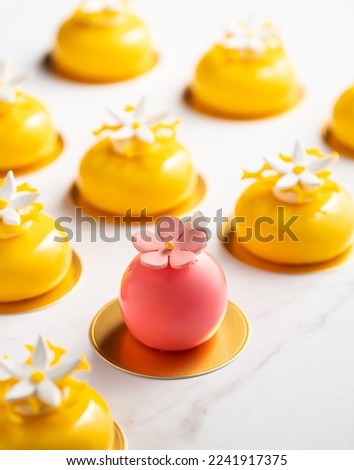 Petite Gateau French Dessert and Slice Celebration Cakes. Stand out and be different concept. Pink and yellow contrast. Royalty-Free Stock Photo #2241917375
