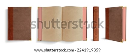 Realistic old book mockup set with isolated views of vintage book with brown faded paper pages vector illustration