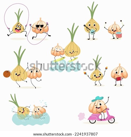 Illustration with funny onion and garlic set, collection of characters. Funny and healthy food. Vitamins, Food with a cute face, ingredients, antioxidant, vegetarianism, Vector cartoon.