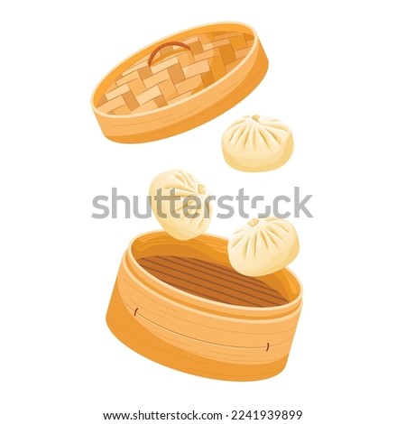 Dim sum, traditional Chinese dumplings Falling Bamboo Steamer. Dragon Boat Festival Concept or  lunar new year. Vector illustration Royalty-Free Stock Photo #2241939899