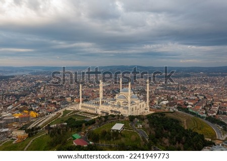 Aerial view of Istanbul and Camlica Mosque. Camlıca is the most beautiful hill in Istanbul. The biggest building of this hill is the Camlica Mosque at day in Istanbul Turkey camlica camii