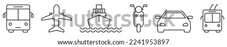 Transport icons. Public bus, airplane, ship, scooter, car and tram. Vector illustration