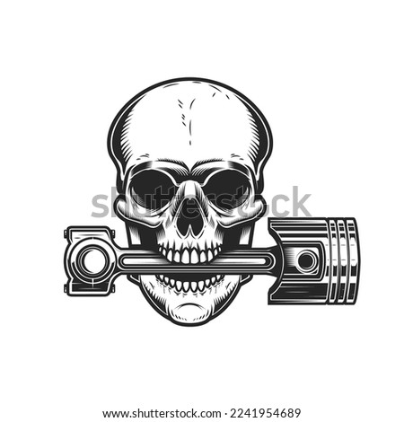 Biker skull with piston in teeth. Design element for logo, label, sign, emblem. Vector illustration