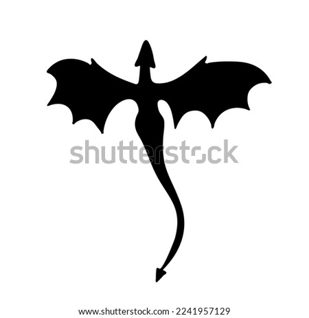 Vector isolated one single flying dragon with outstretched wings top view colorless black and white outline silhouette shadow shape stencil