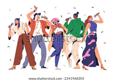 People at karaoke party. Amateurs singers singing songs, holding microphones. Young happy men, women at live music performance in club. Flat graphic vector illustration isolated on white background