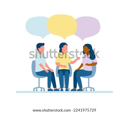 Meet of team of people for talk, dialog, communication, discussion, business relationship. Discuss problems together, exchange opinions of team worker. Support group. Vector illustration