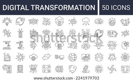 Set of 50 digital transformation simple icons. Collection of line icons as digital services, internet, cloud computing, technology. Editable stroke.  Vector illustration Royalty-Free Stock Photo #2241979703