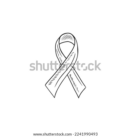 Ribbon as symbol of world cancer day, AIDS, breast, prostate, disease, autism disease awareness in black isolated on white background. Hand drawn vector sketch illustration in line, engraved vintage