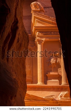 Petra, Jordan frame view of Siq walls and the Treasury, Al Khazneh, one of the new Seven Wonders of the World Royalty-Free Stock Photo #2241990701