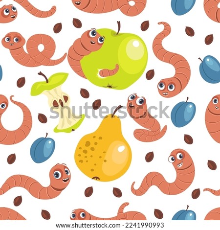 Funny soil worms seamless pattern. Cute cartoon characters with fruits. Garden dwellers. Waste eaters. Earthworms with plums. Apple seeds. Crawling insects. Splendid