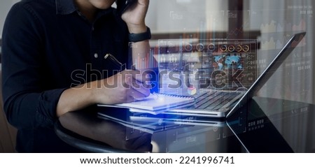 Selective focus hands of businessman working with customer connection interface icons in the office, Business new start up and Modern technologies for connection concept.