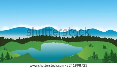 Panorama view of green mountain valley, vector summer or spring landscape background and blue sky. Illustration of nature