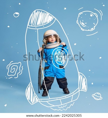Creative design with drawn elements. Portrait of little boy, child in costume of astronaut over blue background. Flying on doodle racket. Concept of imagination, childhood, creativity, dreams, ad