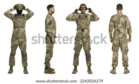 Collage with photos of Ukrainian soldier wearing military uniform on white background