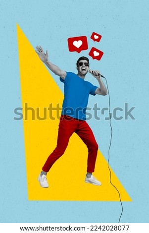Exclusive magazine picture sketch collage image of happy smiling guy getting singing feedback isolated painting background