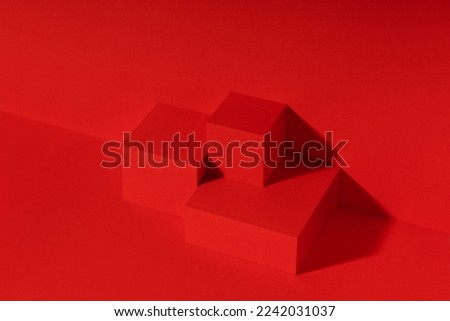Product presentation red scene, red stage made with cube shapes. Studio photography.