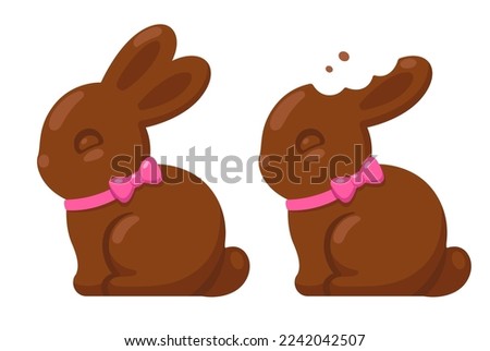Cute chocolate bunny with with pink bow.  Ear bite. Traditional Easter treat, isolated vector illustration.