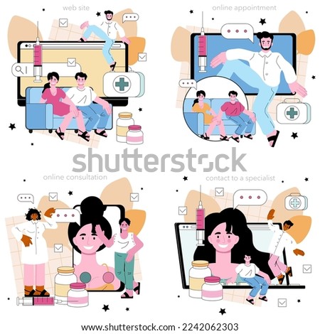 Family doctor online service or platform set. Doctor consultation, telemedicine or house call. Online appointment, consultation, contacts, website. Flat vector illustration