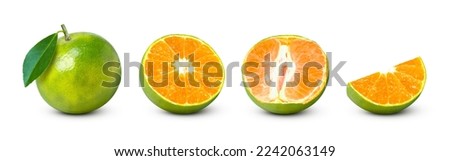 Tangerine orange fruit with green leaf and cut in half sliced isolated on white background. Royalty-Free Stock Photo #2242063149
