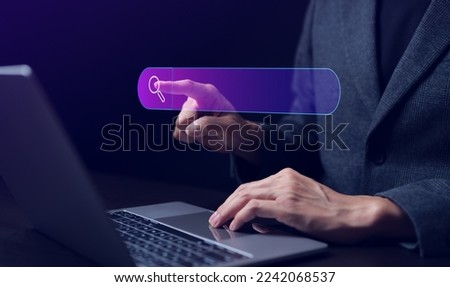 Businessman working with computer laptop on desk in office. Searching Browsing Internet Data Information with blank search bar. Search Engine Optimization SEO Networking Concept. internet marketing,