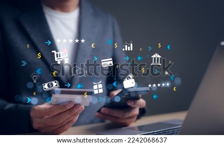Payment online concept. Business people using mobile phone with credit card, Online banking and Make payment, Mobile banking network, digital marketing, business technology, shopping online,