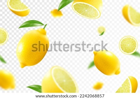 Lemon citrus background. Flying Lemon with green leaf on transparent background. Lemon falling from different angles. Focused and blurry fruits. Realistic 3d vector illustration . Royalty-Free Stock Photo #2242068857