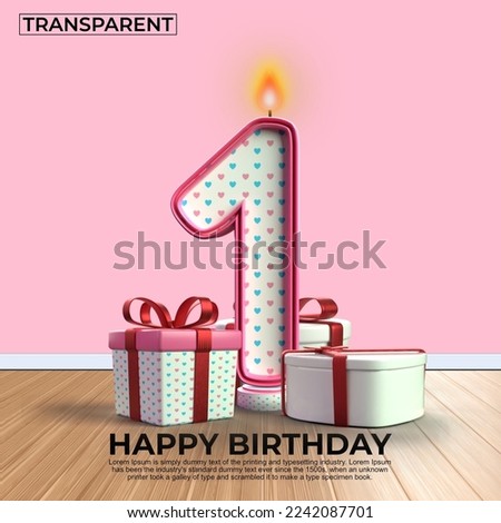 3D render number of Happy Birthday years. 1 anniversary of the birthday, Candle in the form of numbers with 3D gift elements. Vector illustration, pink color